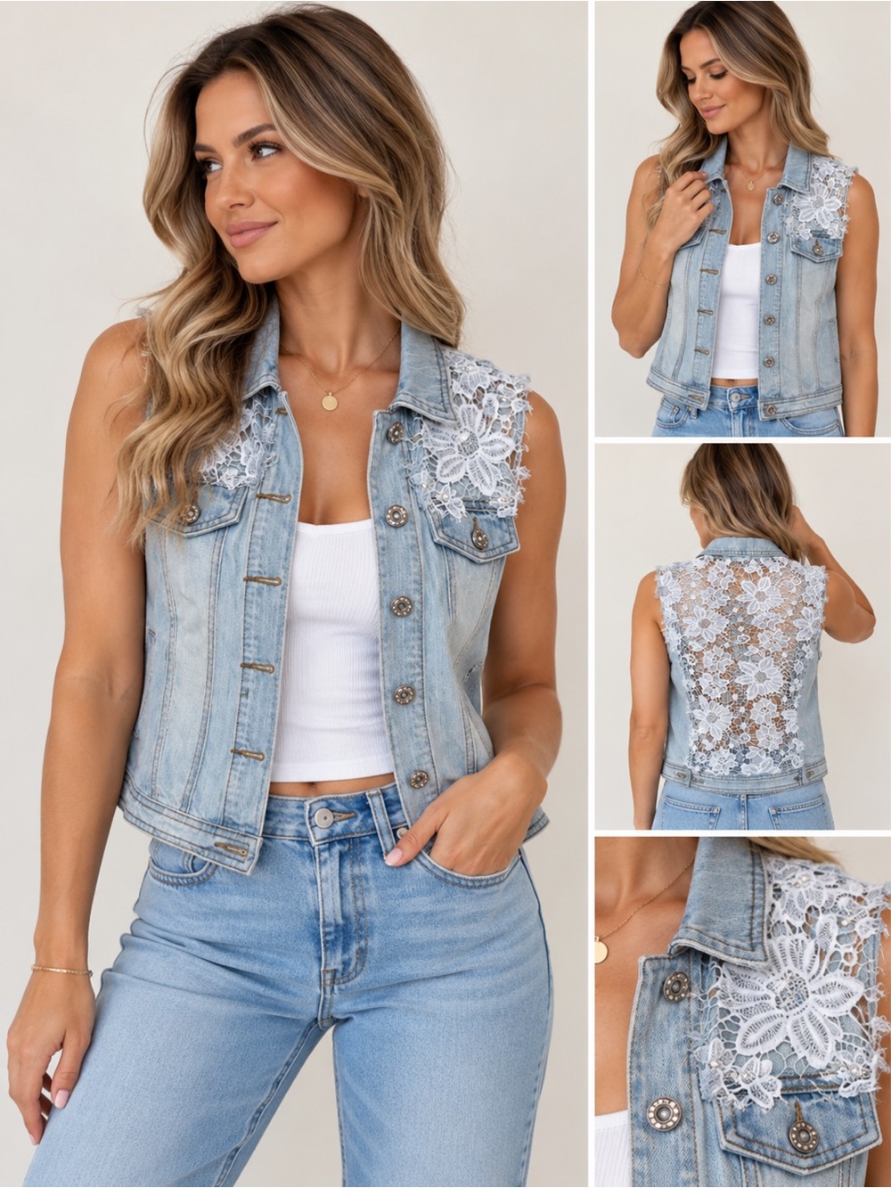 Lace & Rhinestone Jean Vest - Karma Blue - S